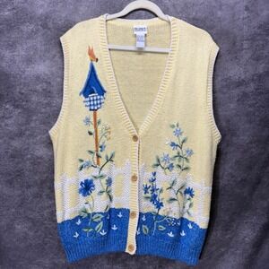 Koret Francisca Yellow Birdhouse Garden Sweater Vest Size XL Cottage Kitschy